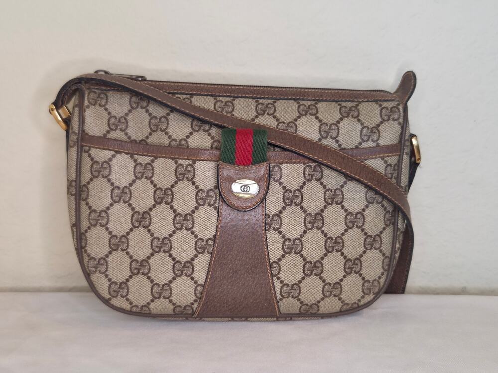 Gucci GG Supreme Web Stripe Crossbody Bag Vintage Ophidia Brown Leather